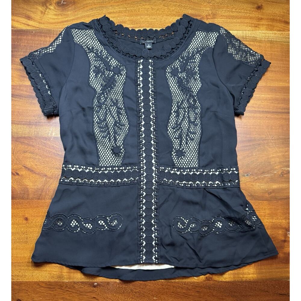 Ann Taylor Women’s Black lace and mesh Crochet peplum Short Sleeve blouse Sz 6